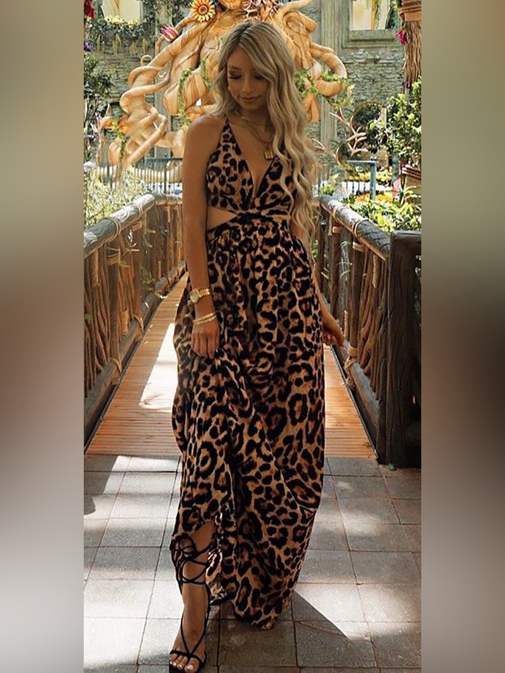 NWOT Fashion Nova Leopard Print Halter Maxi Dress - Medium